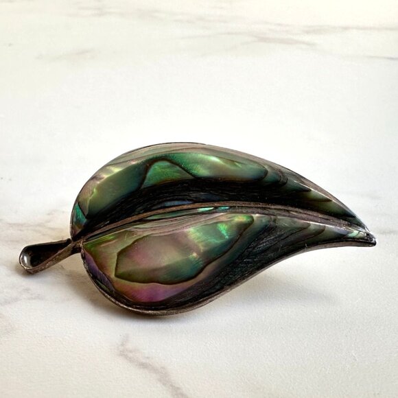 Mexican Abalone Leaf Brooch, Sterling Silver - Picture 1 of 10
